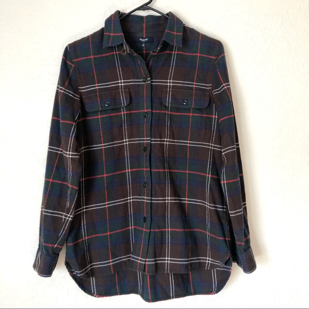 Madewell Brown Green Plaid High Low Button Up Flannel Size Small